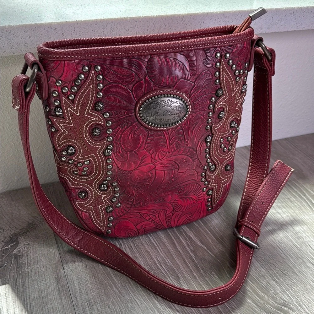 Montana West Red Crossbody Bag with Ornate Silver Accents - Picture 1 of 5
